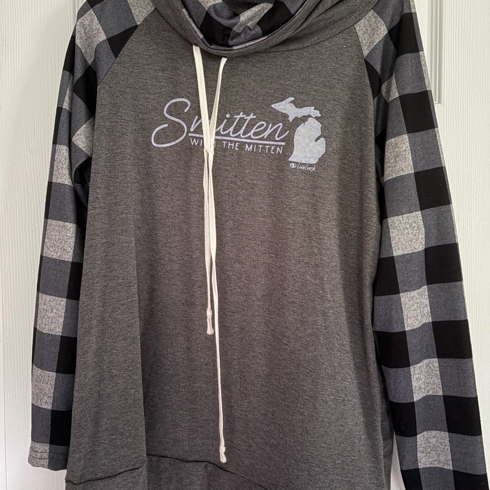 Grey plaid sleeve and cowl neck hoodie